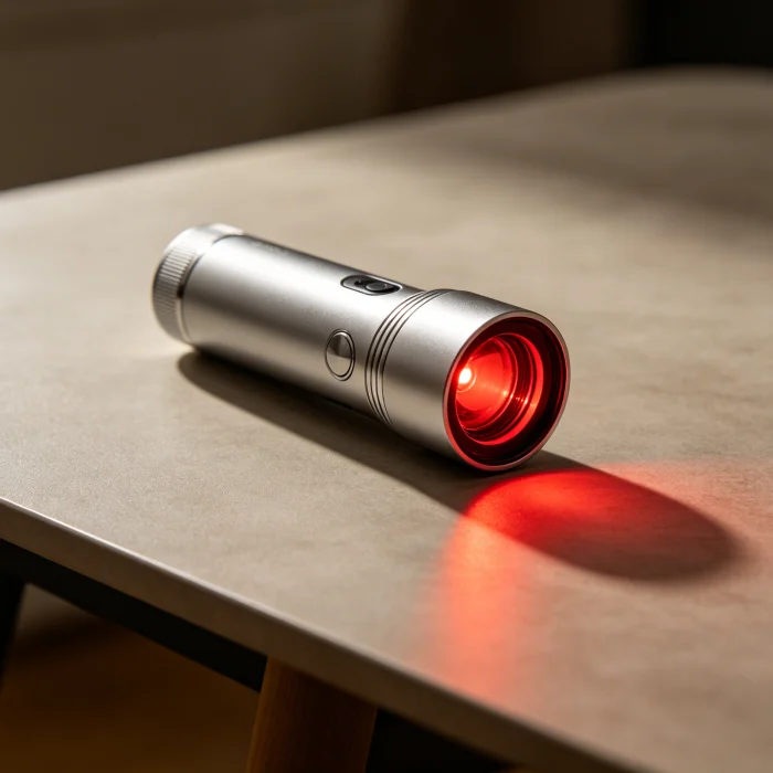 a handheld red light device on a table