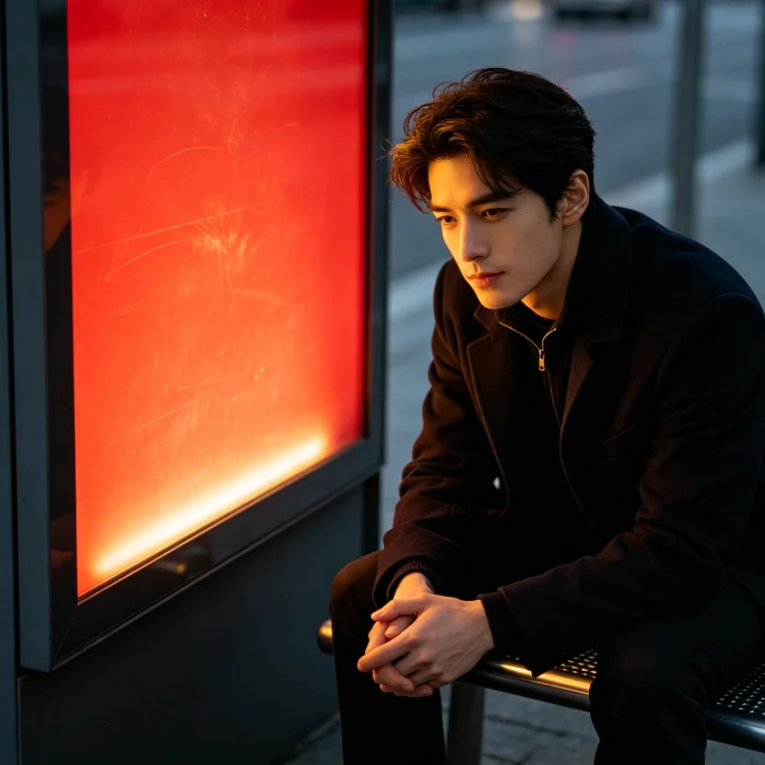 a person sitting near a red light panel
