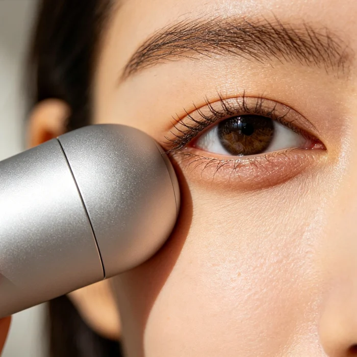 an eye massage device being held near a person's eye area