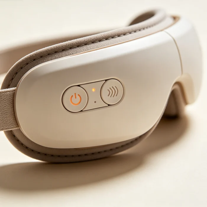 a close-up of an eye massager showing heat and vibration buttons