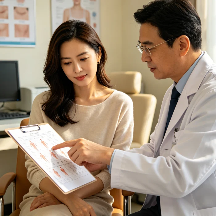 A woman sitting in a dermatology office with a doctor reviewing a chart