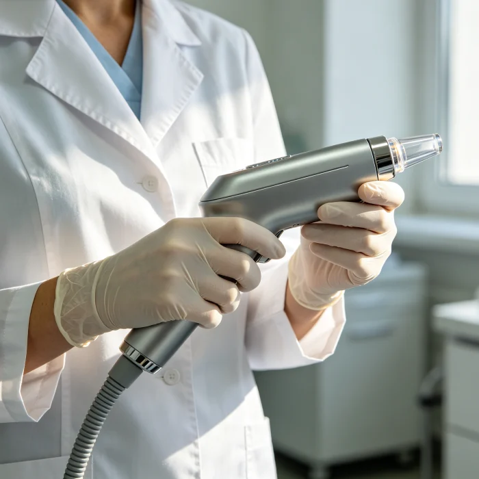 a dermatologist holding a laser hair removal device
