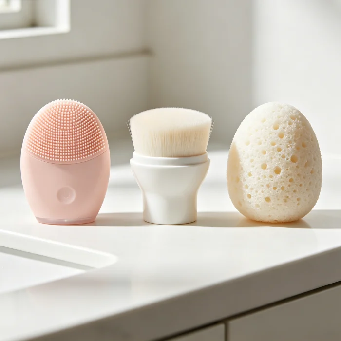 three different face brush types lined up on a white countertop: silicone, soft nylon, and konjac sponge