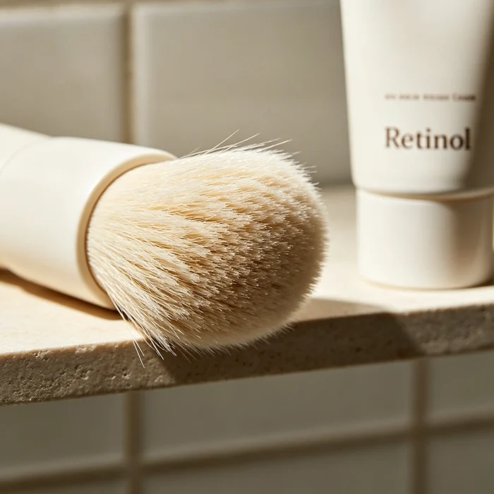 a close-up of a face brush with bristles splayed, next to a tube of retinol cream on a bathroom shelf