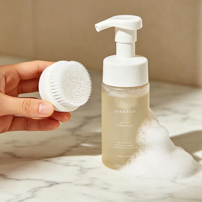 a hand holding a white silicone face brush next to a foaming cleanser bottle on a marble countertop