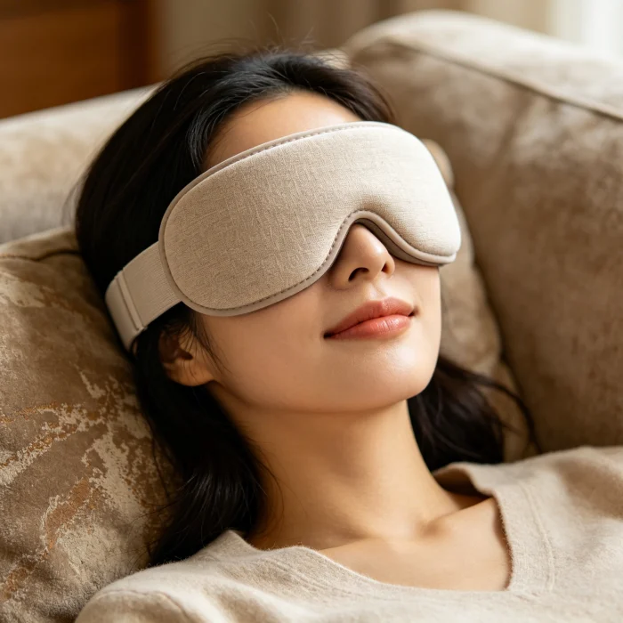 A person wearing an eye massager mask comfortably on a couch