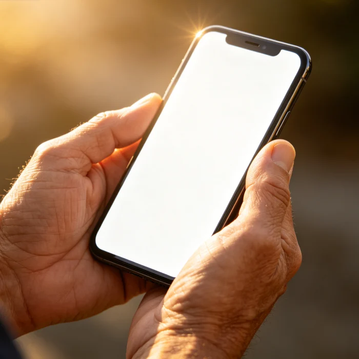 Close-up of hands holding a smartphone with bright screen