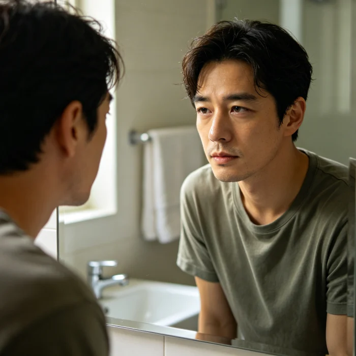 A person with slightly puffy eyes looking in a mirror in the morning