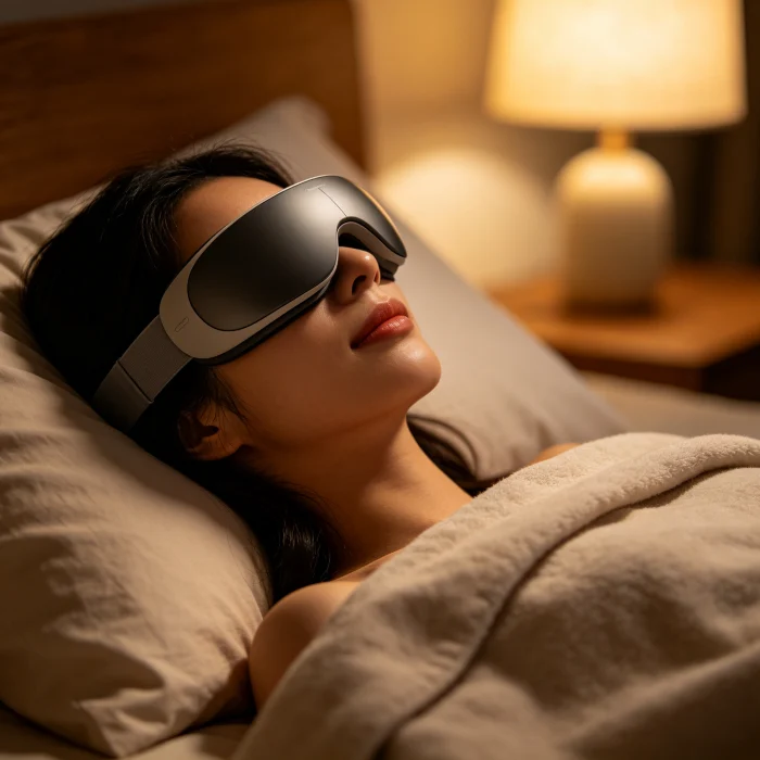 A person lying in bed with an eye massager on, dim lighting