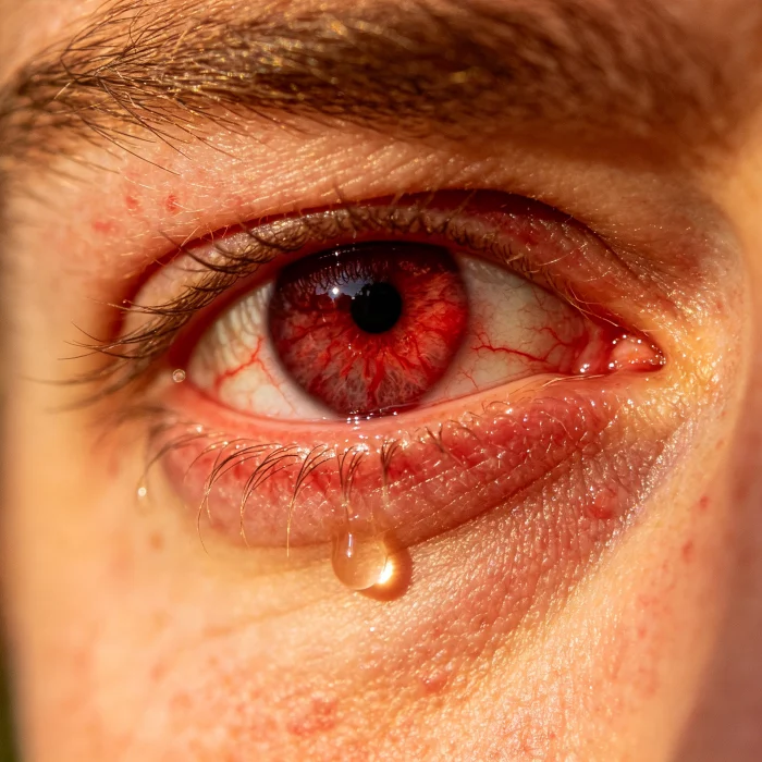 Close-up of a person's irritated red eye with tears