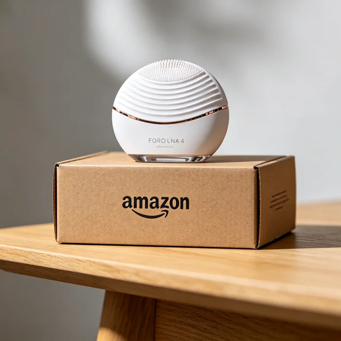 Amazon box with a new Foreo Luna 4 face brush on a table