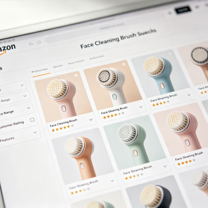 Amazon webpage showing face cleaning brush search results with filters