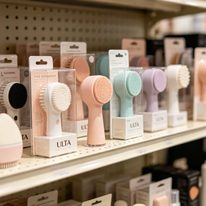 Ulta store shelf with various face cleaning brush brands on display