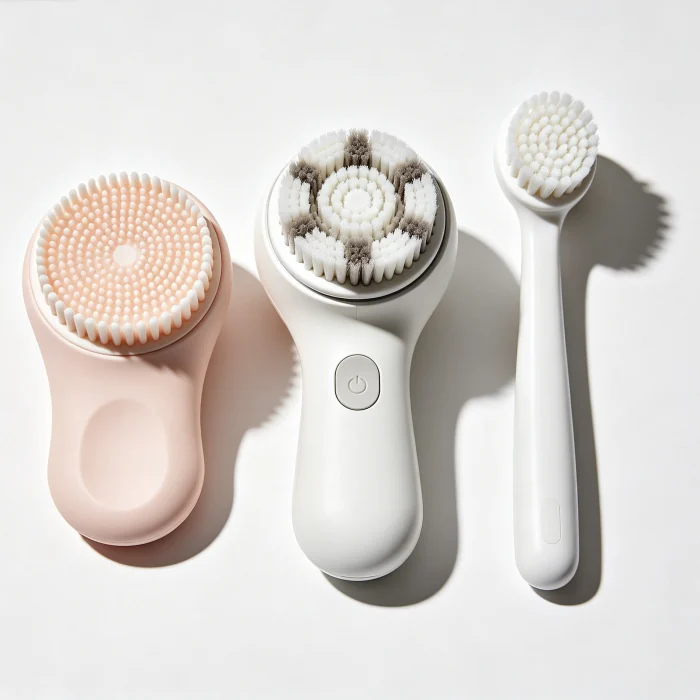 Three different face cleaning brushes side by side: silicone, spin brush, and sonic brush