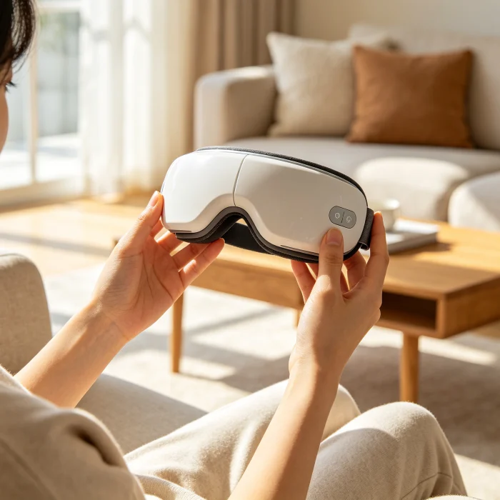 a person holding an eye massager in a brightly lit living room