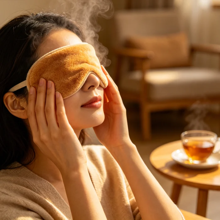 a person gently applying a warm compress to their eyes