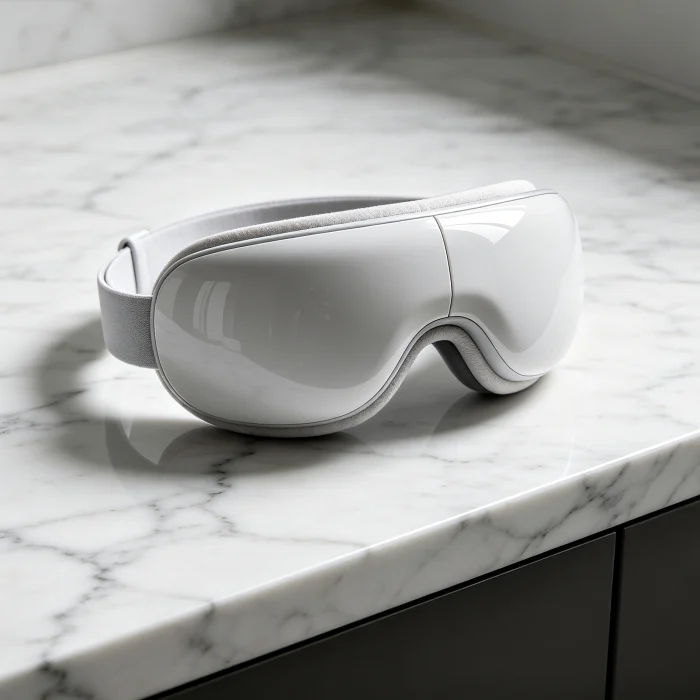 a sleek eye massager mask on a white marble countertop