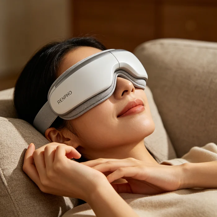 a person using a RENPHO eye massager mask on a couch