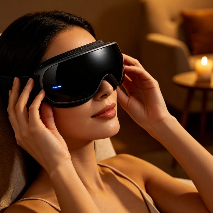 a person applying an eye massager mask in a dimly lit room