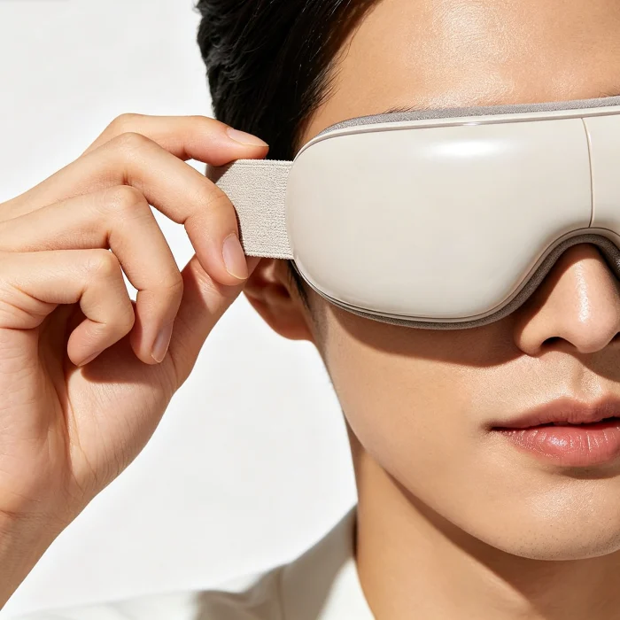 a person's hands adjusting the strap of an eye massager mask