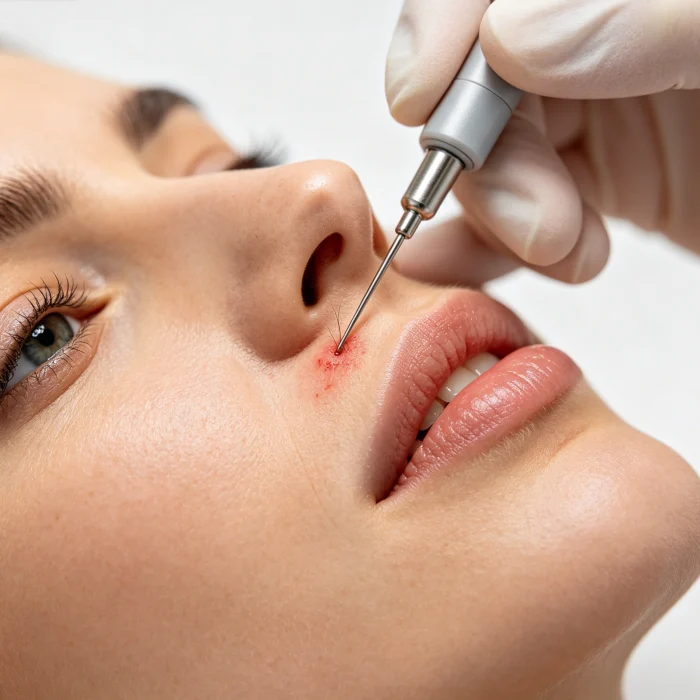 electrolysis treatment in progress on a face