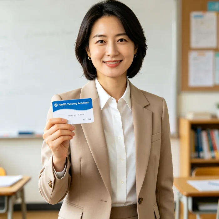 teacher holding a health savings account card