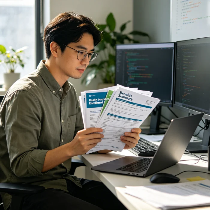 software developer in an office with health insurance paperwork