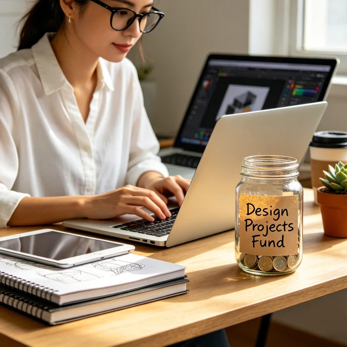 freelance graphic designer at a desk with a dedicated savings jar