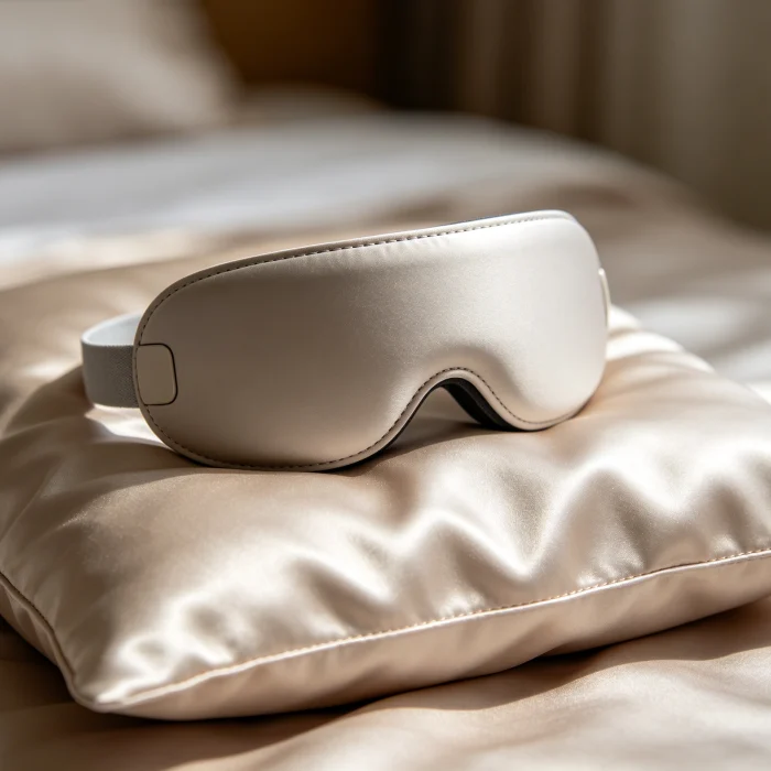 a sleek eye massager mask resting on a silk pillowcase