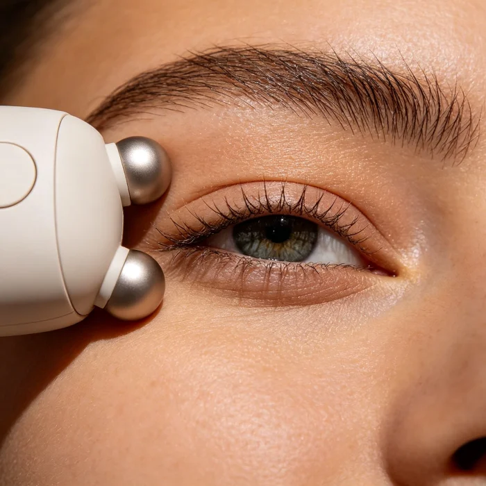 a close-up shot of an eye massager with rotating massage nodes on a person's temples