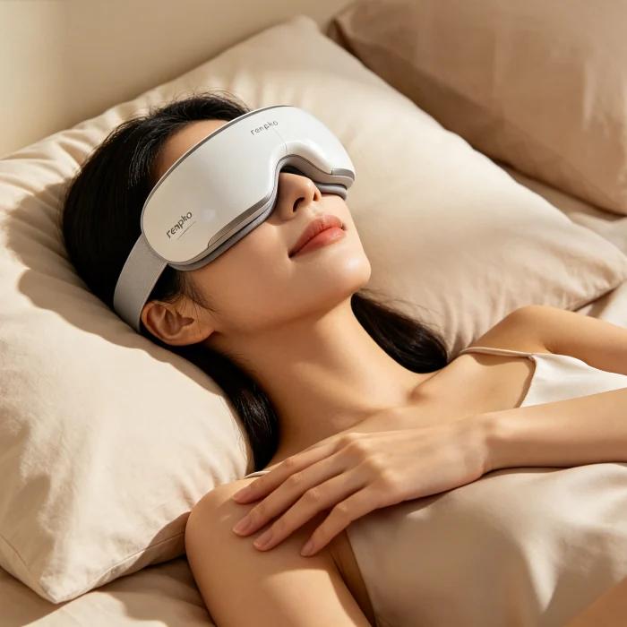 a person relaxing with a Renpho eye massager mask on their face, lying on a bed