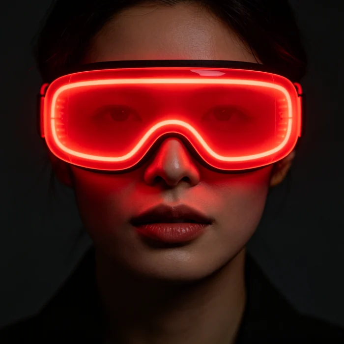 a person wearing a bright red LED eye mask against a dark background
