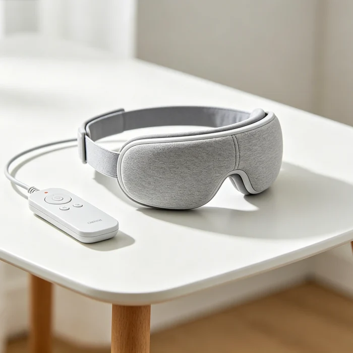 a budget eye massager with a wired remote control on a white table