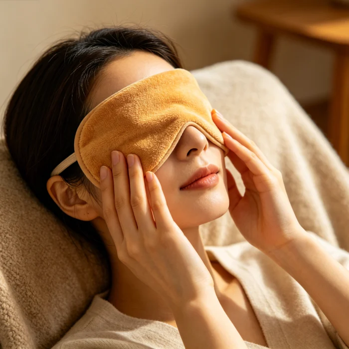 a person applying a warm compress to their eyes with a cloth, as an alternative to a device