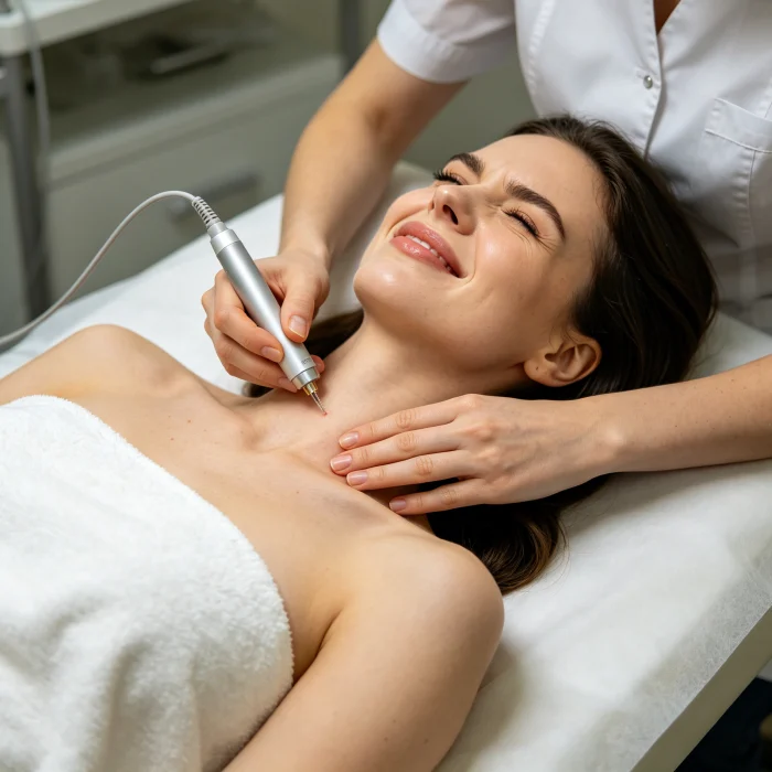 woman wincing while lying on a treatment table with an electrologist working