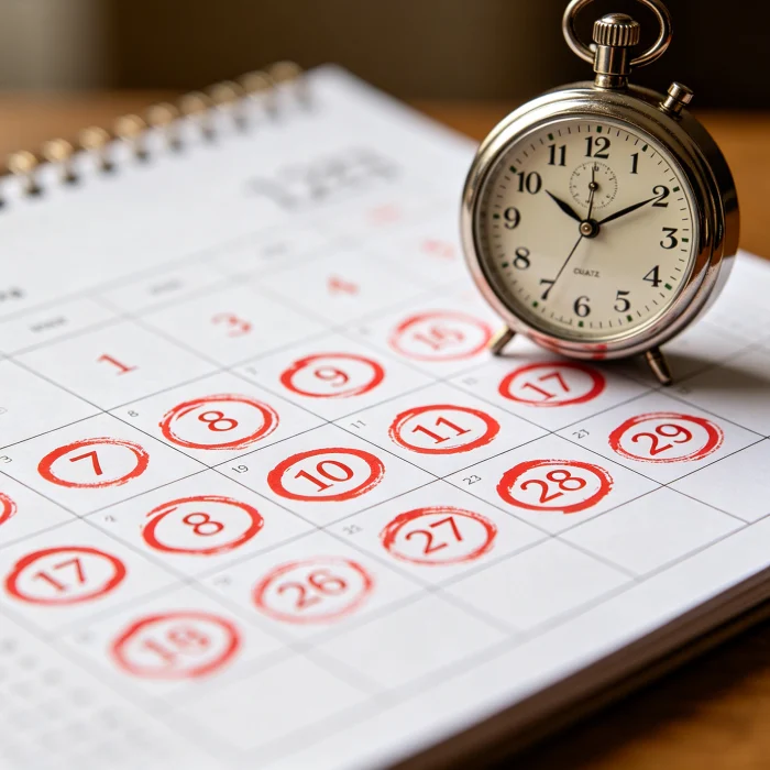 calendar with many dates circled in red and a small clock next to it