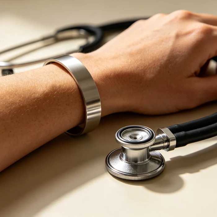 medical alert bracelet on a wrist next to a stethoscope