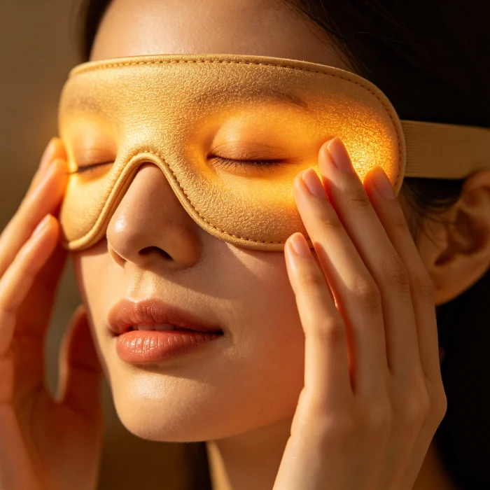 A person pressing a warm eye massager against their closed eyes