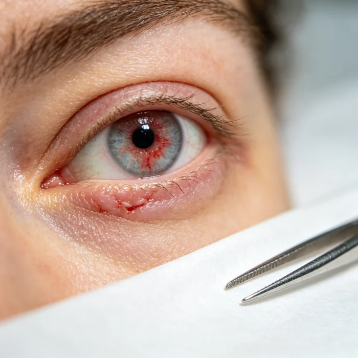 Close-up of a recovered eye after LASIK surgery with a tweezer tool nearby