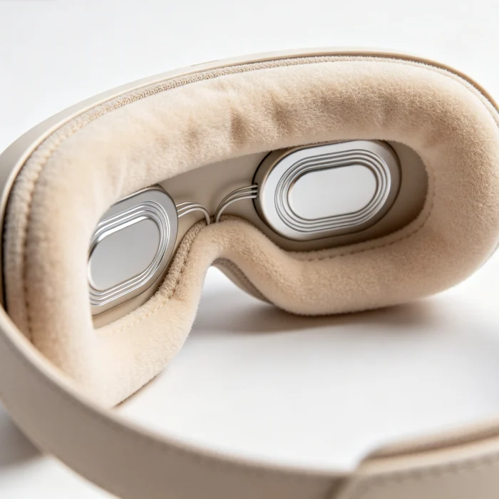 An open eye massager showing the inner pads and heating elements