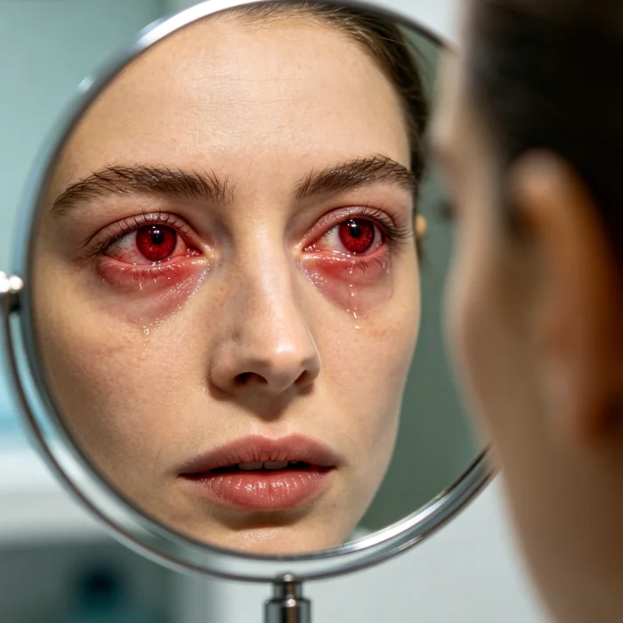 A person with red, swollen eyes from conjunctivitis looking into a mirror