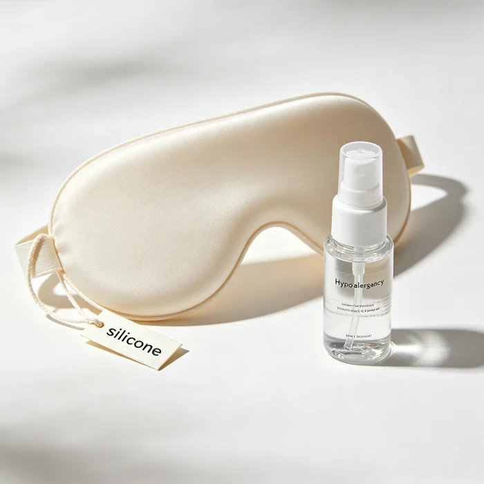 A silicone eye massager pad with a tag reading "silicone" and a small bottle of hypoallergenic cleanser