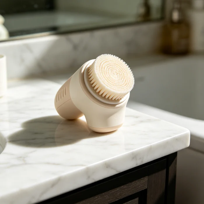 silicone face brush on a bathroom counter