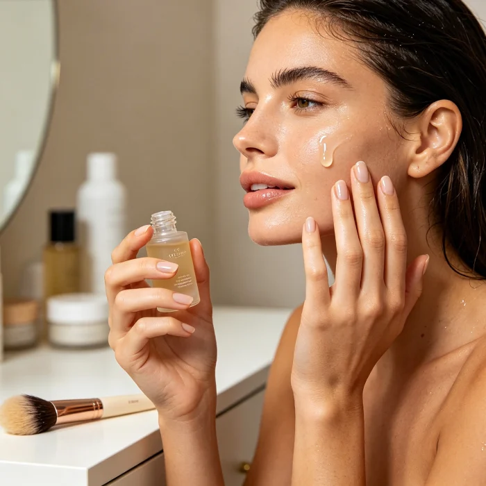 a woman applying serum after using a face brush