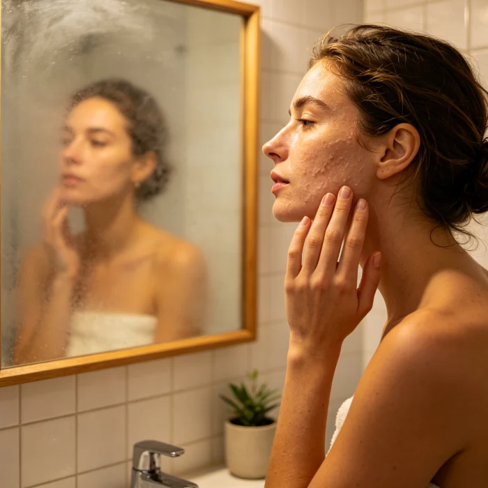 a woman touching her dull skin in a bathroom mirror