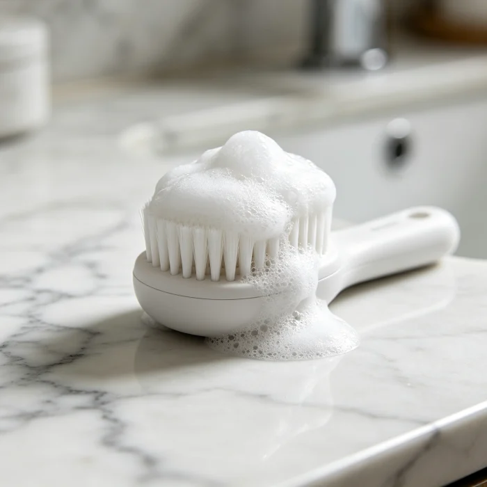 a silicone face brush with cleanser foam on a bathroom counter