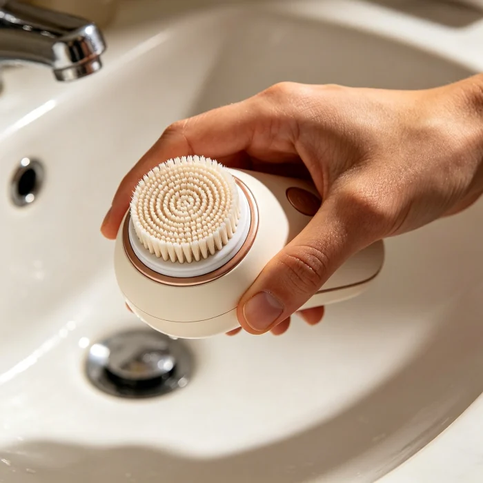 a close-up of a hand holding a sonic face brush near a sink