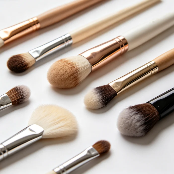 a collection of face brushes with different bristle types on a white surface