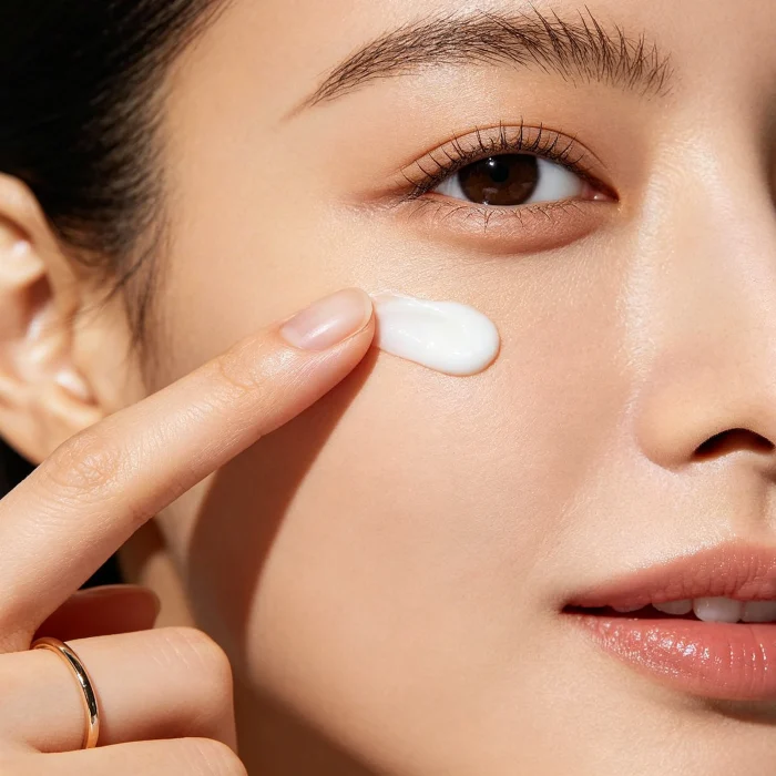 a person gently tapping eye cream with ring finger