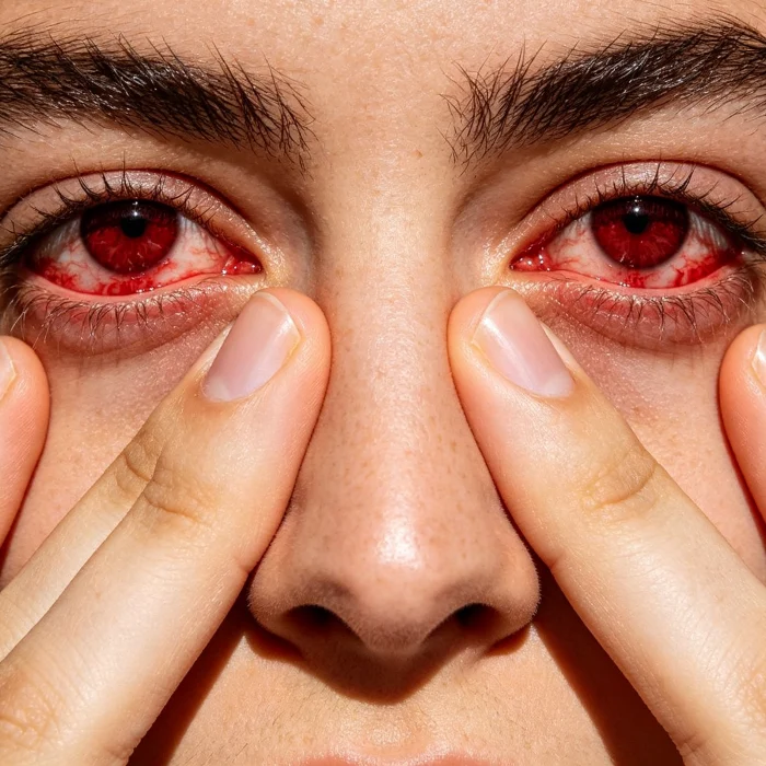 a person with red irritated eyes rubbing them